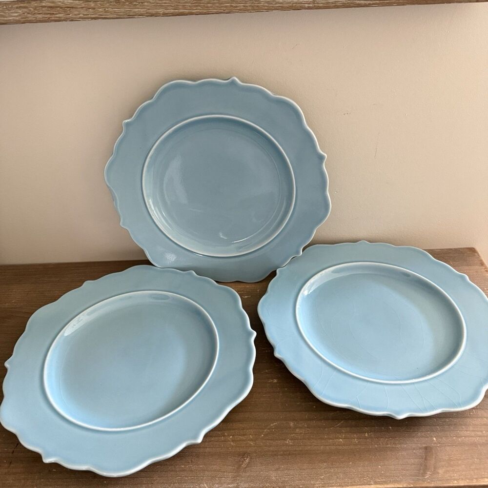 SET OF 3 Threshold WELLSBRIDGE Scalloped Aqua Blue Dinner Plates 10 1/2"
